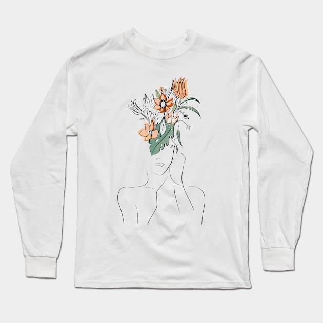 Colorful Flower Head Woman Line Art, Minimal Line Art, Floral Woman Illustration, Single Line Art, Female Body Poster Long Sleeve T-Shirt by metisartdesign